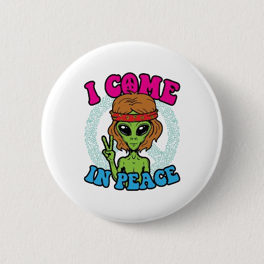 Hippie Alien I Come to Peace Trippy Peace Sign Button (Vorderseite)