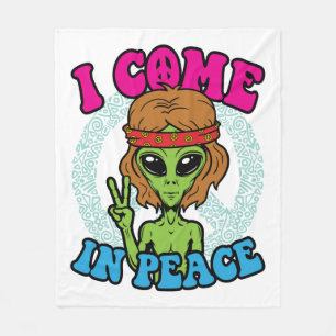 Hippie Alien I Come to Peace Trippy Peace Sign Fleecedecke