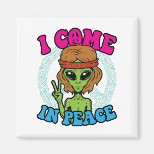 Hippie Alien I Come to Peace Trippy Peace Sign Magnet