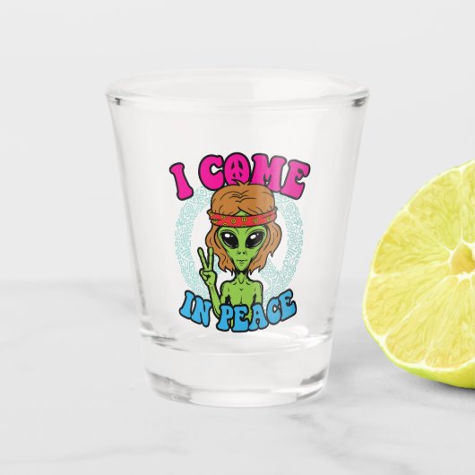 Hippie Alien I Come to Peace Trippy Peace Sign Schnapsglas (Vorderseite)