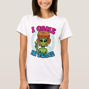 Hippie Alien I Come to Peace Trippy Peace Sign T-Shirt