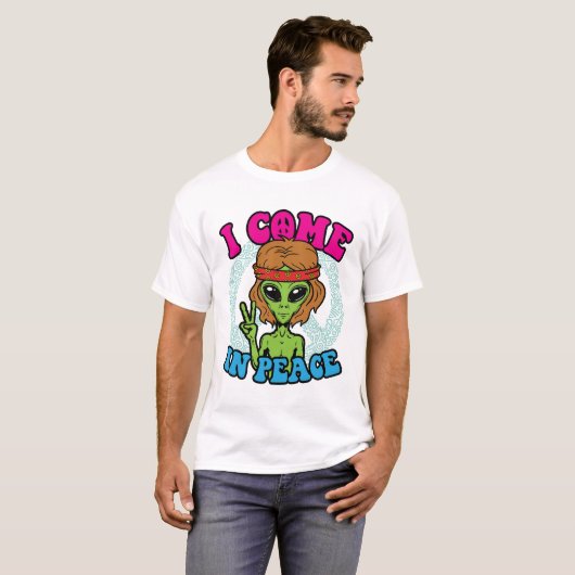 Hippie Alien I Come to Peace Trippy Peace Sign T-Shirt (Vorne ganz)