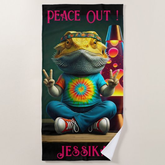 Hippie Bearded Dragon Peace Retro Custom Strandtuch (Vorderseite)