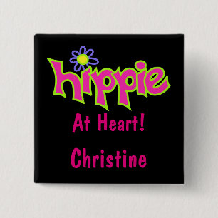 Hippie bei Heart Hot Pink Art Black Name Abzeichen Button