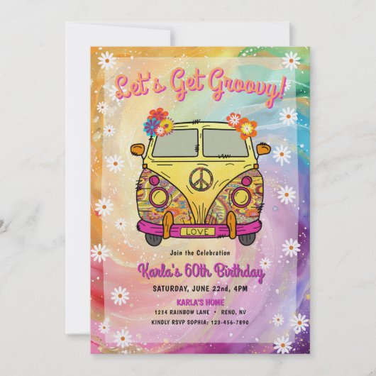 Hippie Birthday Party Einladung und Spiel (Vorderseite)