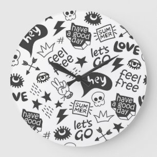 Hippie Black & White: Vintager Stil Große Wanduhr
