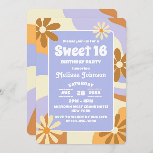 Hippie Blume Retro Groovy Funky Bunte Sweet 16 Einladung (Vorne/Hinten)