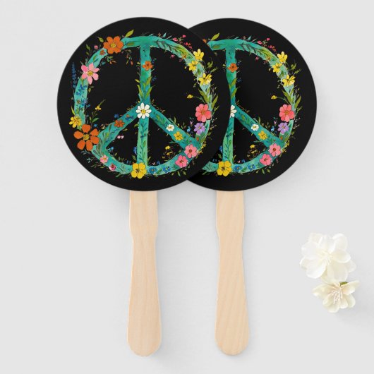 Hippie-Blumen-Friedenszeichen auf schwarzem Hinter Fächer (Vorne und Hinten)