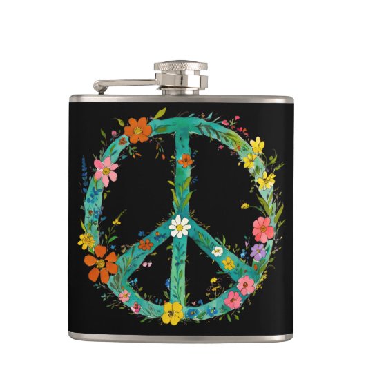 Hippie-Blumen-Friedenszeichen auf schwarzem Hinter Flachmann (Vorderseite)