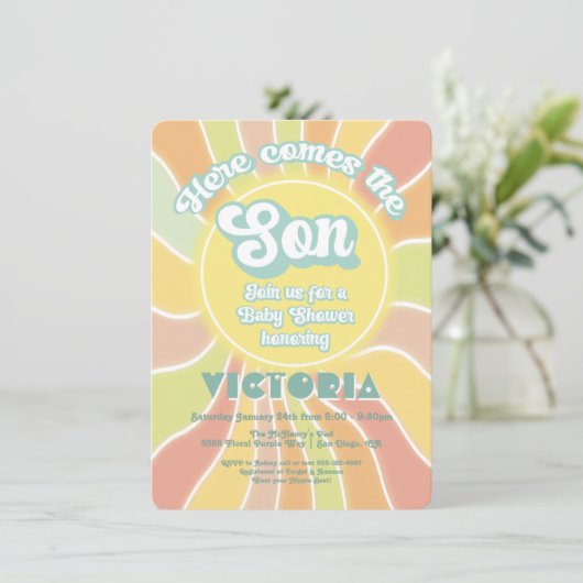 Hippie Boho Baby Shower Sunshine Son Einladung (Stehend Vorderseite)
