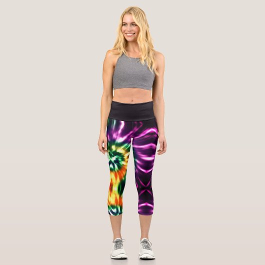 Hippie boho lustig grün gelb orange lila Krawatte Capri Leggings (Vorderseite)