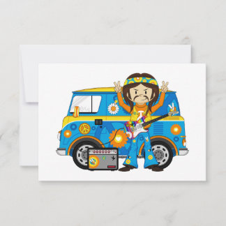 Hippie Boy mit Gitarre und Camper Van