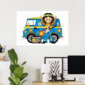 Hippie Boy mit Gitarre und Camper Van Poster (Heimbüro)
