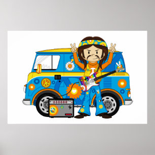 Hippie Boy mit Gitarre und Camper Van Poster