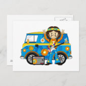 Hippie Boy mit Gitarre und Camper Van Postkarte (Vorne/Hinten)