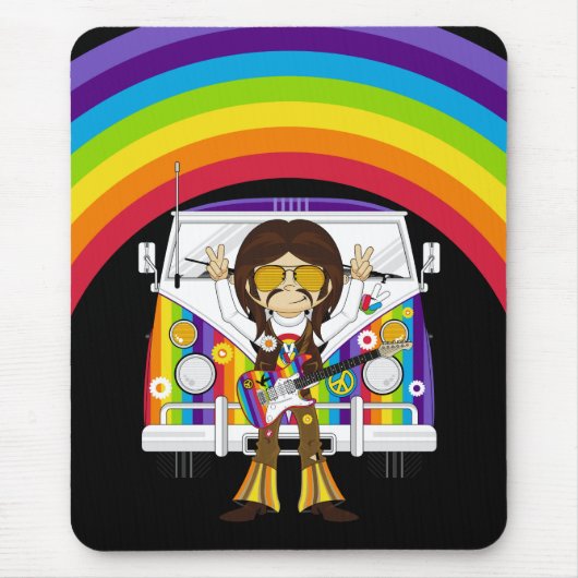 Hippie Boy mit Guitar & Camper Van Mousepad (Vorne)