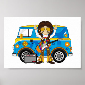 Hippie Boy mit Guitar & Camper Van Poster