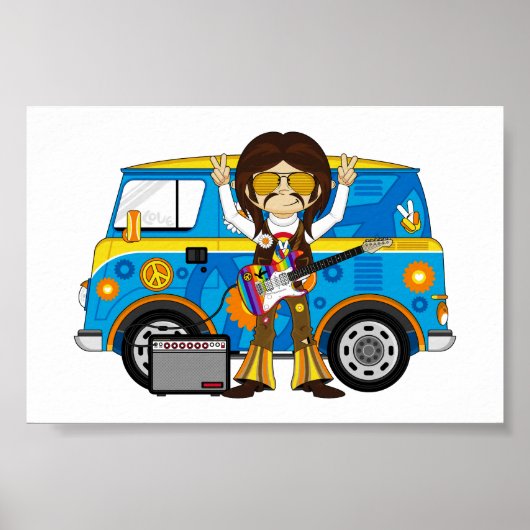 Hippie Boy mit Guitar & Camper Van Poster (Vorne)