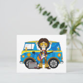 Hippie Boy mit Guitar & Camper Van Postkarte (Stehend Vorderseite)