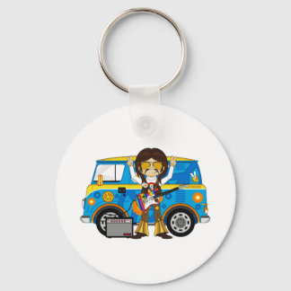 Hippie Boy mit Guitar & Camper Van Schlüsselanhänger