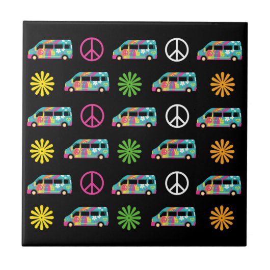 Hippie Bus Peace Signie 70er Black Fliese (Vorderseite)