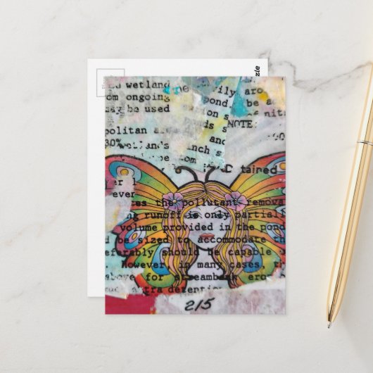 Hippie Butterfly Woman Mixed Media Collage Postkarte (Vorderseite/Rückseite Beispiel)