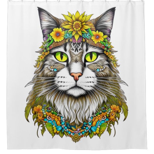 Hippie Cat Duschvorhang (Vorderseite)