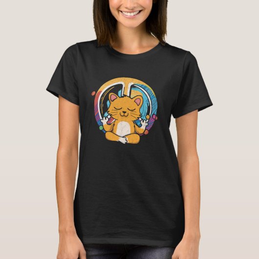 Hippie Cat Yoga Peace Sign  Feline Meditation T-Shirt (Vorderseite)