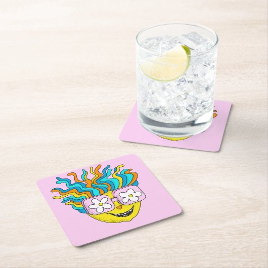 Hippie Character Funny Happy Pink Retro Groovy Rechteckiger Pappuntersetzer (Vor Ort)