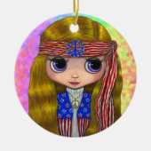 Hippie Chick in US Flagge - Friedenszeichen Niedli Keramik Ornament (Vorne)