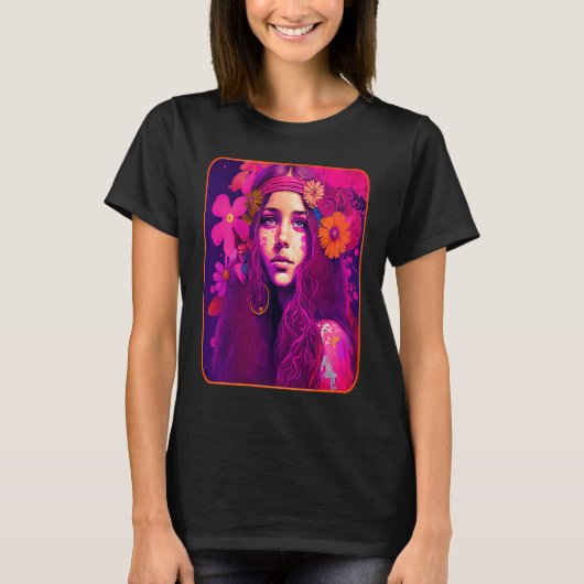 Hippie Child In Pink With Flowers In Her Hair Retr T-Shirt (Vorderseite)