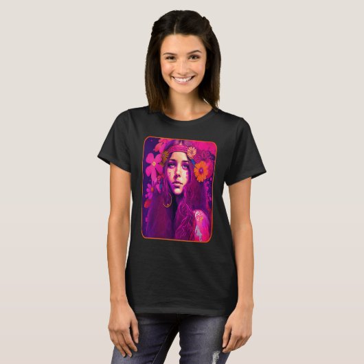 Hippie Child In Pink With Flowers In Her Hair Retr T-Shirt (Vorne ganz)