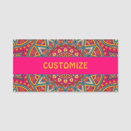 Hippie Colorful Pink Mandela 70er Boho Namensschild (Vorderseite)