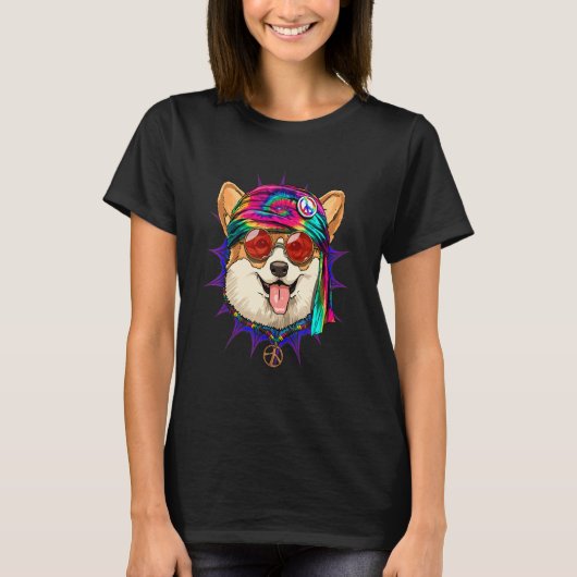 Hippie Corgi Tie Dye Peace Sign Psychedelic Corgi T-Shirt (Vorderseite)