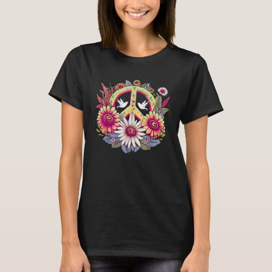 Hippie Daisy Peace Sign Retro Flower Sunflower T-Shirt (Vorderseite)
