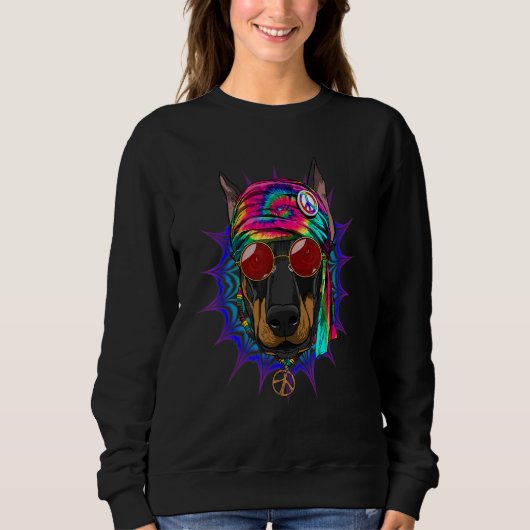 Hippie Doberman Pinscher Tie Dye Peace Sign Psyche Sweatshirt (Vorderseite)