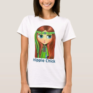 Hippie Doll Girl in Green Headband Peace Sign Nied T-Shirt