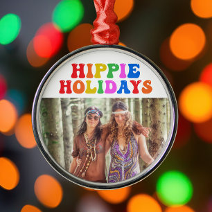 Hippie-Feiertage Vintage 70er Familienfoto Weihnac Ornament Aus Metall