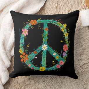 Hippie Floral Peace Sign On The Black Background Kissen
