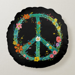 Hippie Floral Peace Sign On The Black Background Rundes Kissen