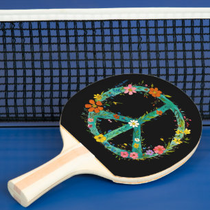 Hippie Floral Peace Sign On The Black Background Tischtennis Schläger