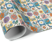 Hippie Folk Art Floral Patchwork mit Vögeln Geschenkpapier (Rolleneckpunkt)