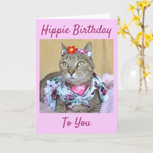 Hippie-Geburtstagtabby-Geburtstag oder jeder Karte (Gelbe Blume)
