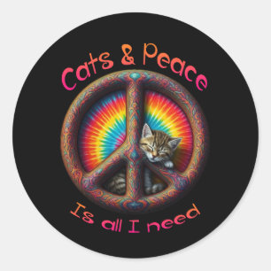 Hippie Gefärbte Krawatte Cat Lovers Peace sign Psy Runder Aufkleber