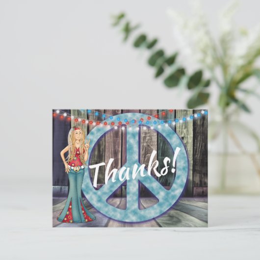 Hippie Girl and Peace Sign Vielen Dank! Danke Postkarte (Stehend Vorderseite)
