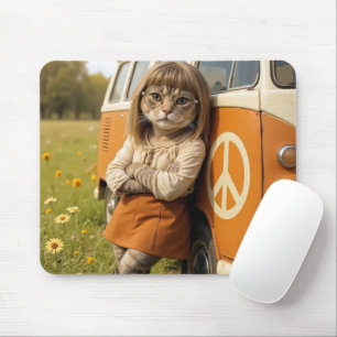 Hippie Girl Cat Leaning on a Retro Van Mousepad