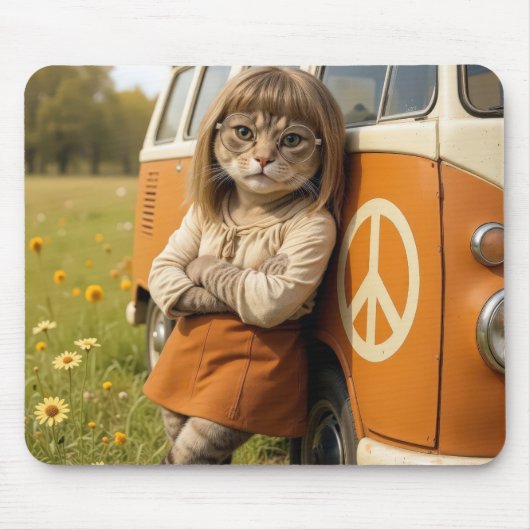 Hippie Girl Cat Leaning on a Retro Van Mousepad (Vorne)