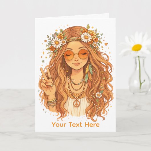 Hippie Girl Giving a Peace Gesture Blank Art Card Karte (Kleine Pflanze)