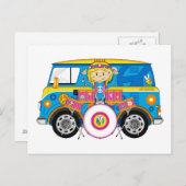 Hippie Girl mit Trommeln und Camper Van Postkarte (Vorne/Hinten)