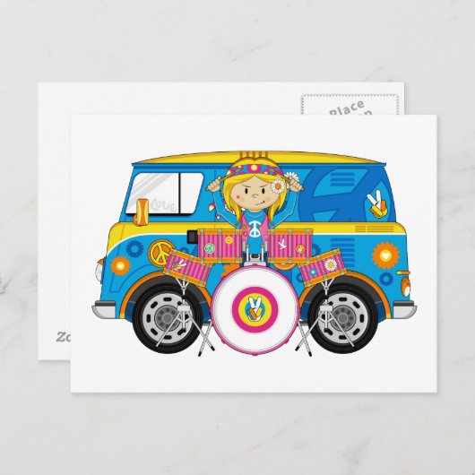 Hippie Girl mit Trommeln und Camper Van Postkarte (Vorne/Hinten)